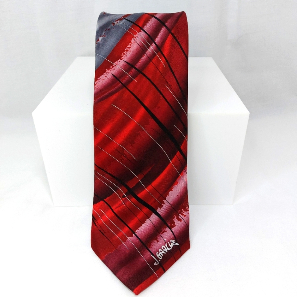 Jerry Garcia Mens Silk Red Tie Mickey Collectors Edition Red Abstract Design 62"